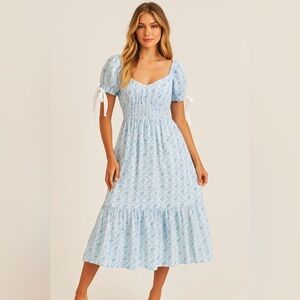 LoveShackFancy, Blue Ribbon Print Smocked Puff Sleeve Dress, Size S | 0091
